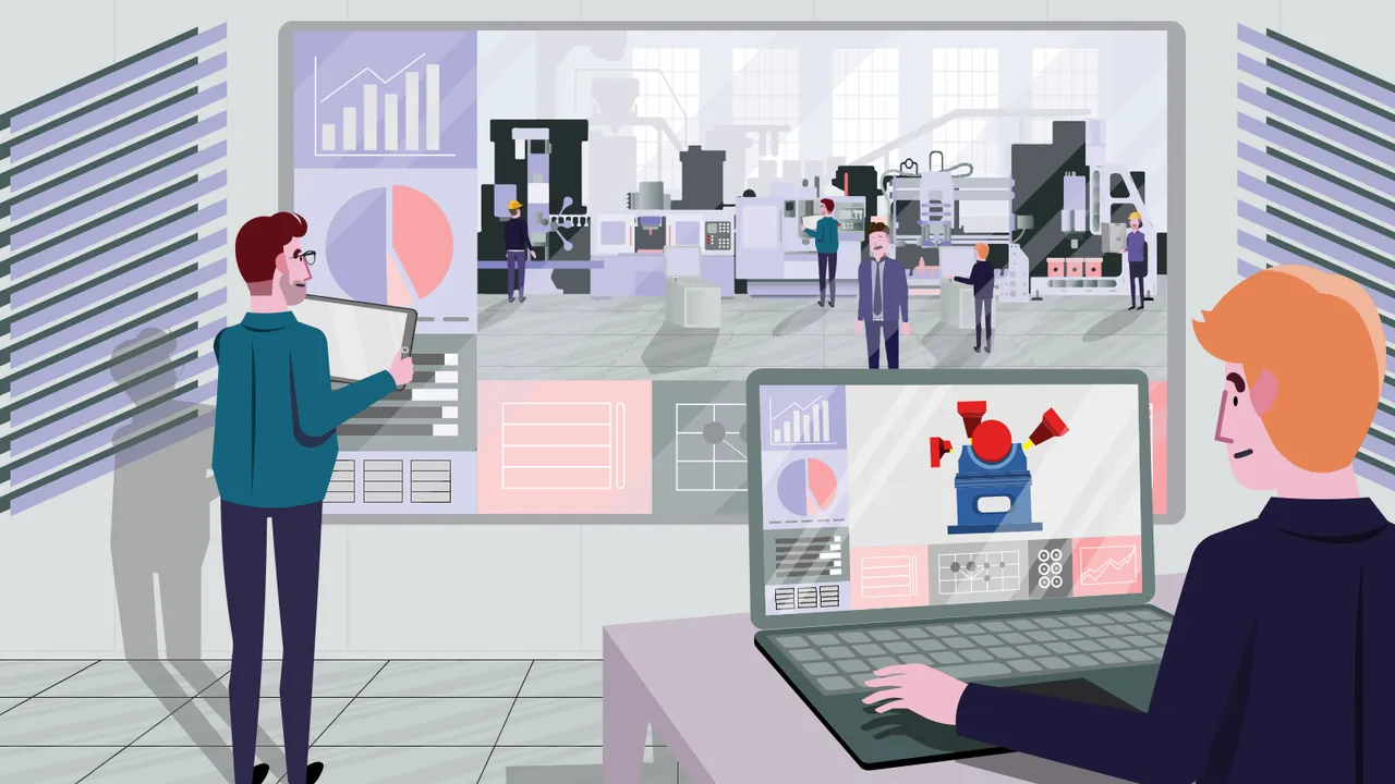 OPEN MIND: Fertigungshalle mit CAM-Software, fertige Illustration
