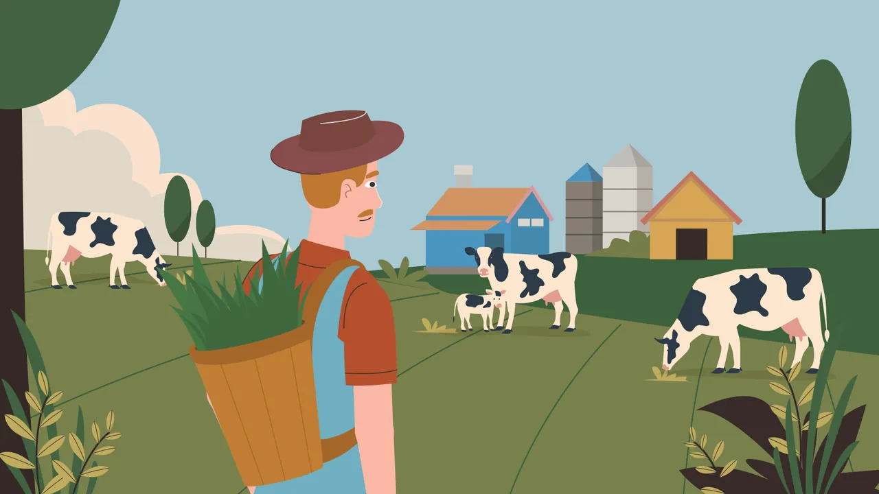 wiCow: Landwirt auf der Weide, fertige Illustration
